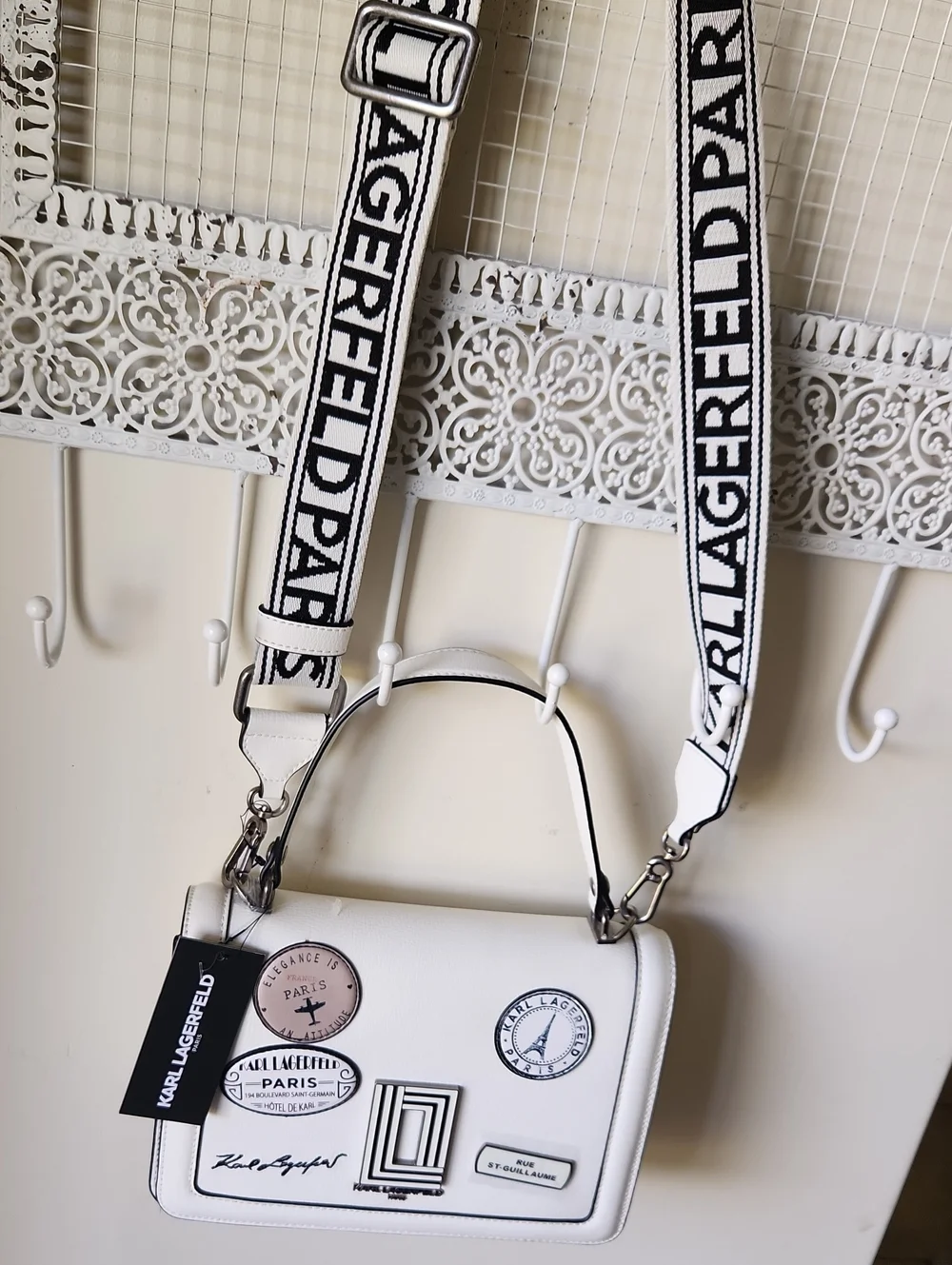 NWT Karl Lagerfeld Simone Paris crossbody Leather shoulder Purse White